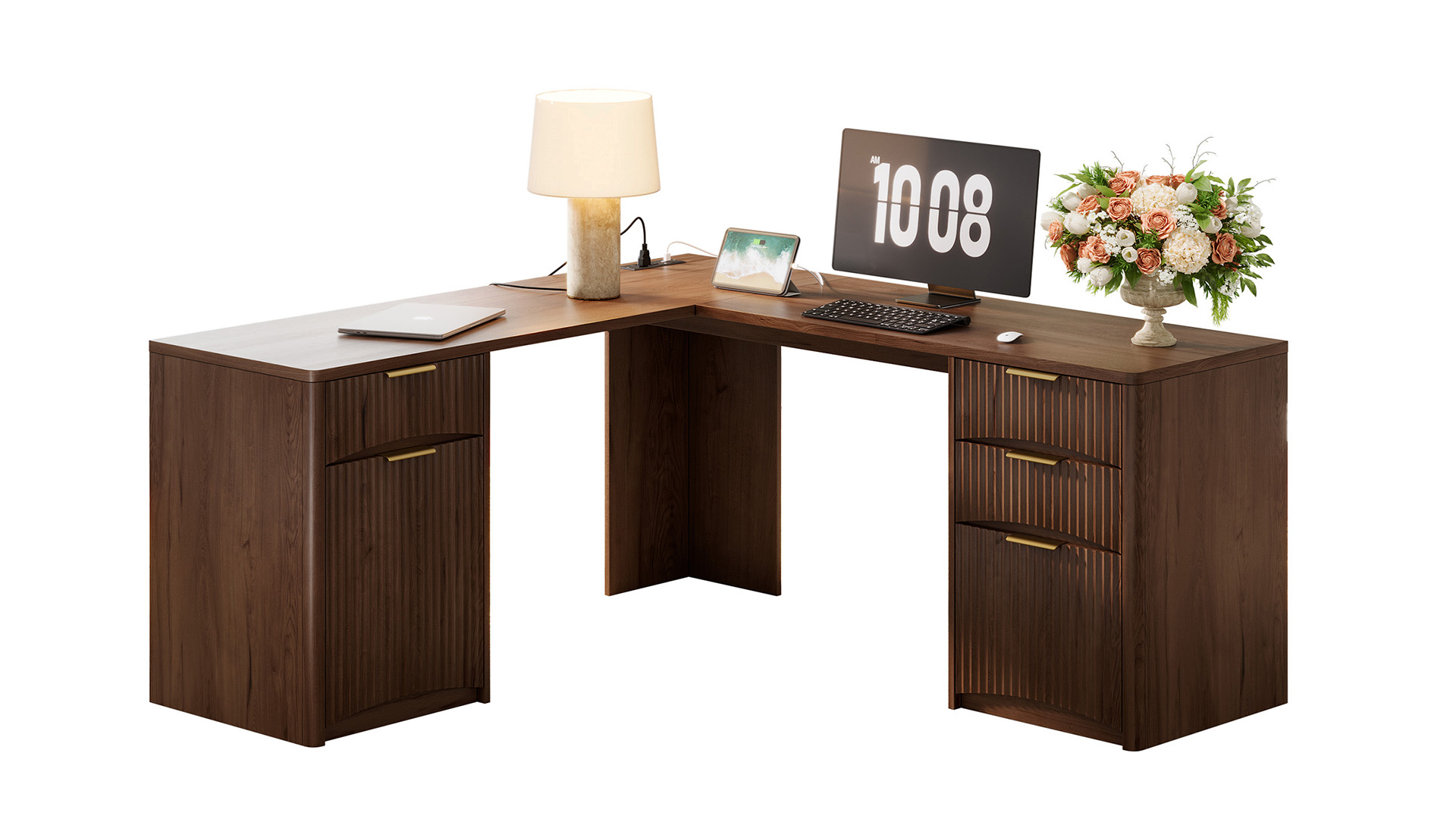 Amazon.com: Whalefall 63'' Fluted L Shaped Desk with Drawers